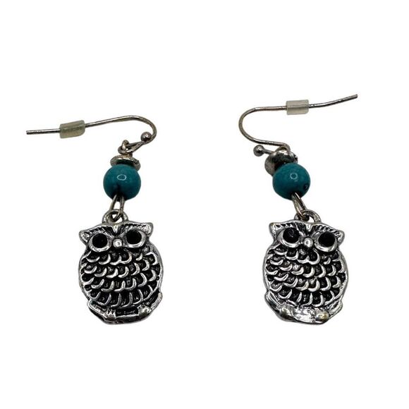 Owl statement Earrings silver and green - Picture 2 of 4